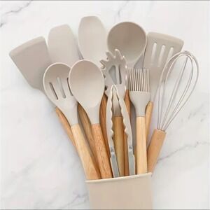 12pcs Silicone Kitchen Utensil Set Wooden Handles Heat Resistant Cooking,  Khaki